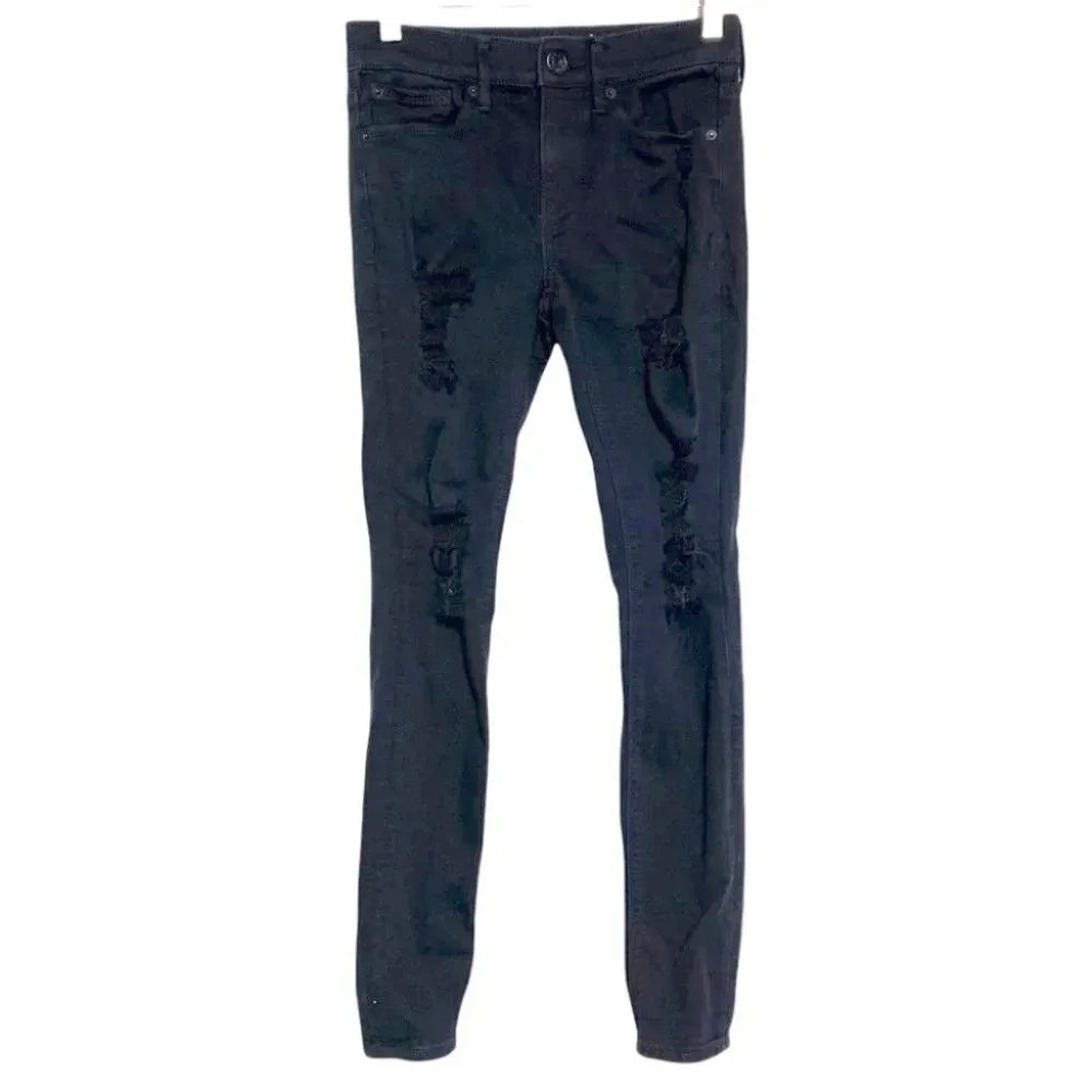 Express Legging Jeans 00 Black‎ Mid Rise Ripped Distressed Skinny Denim